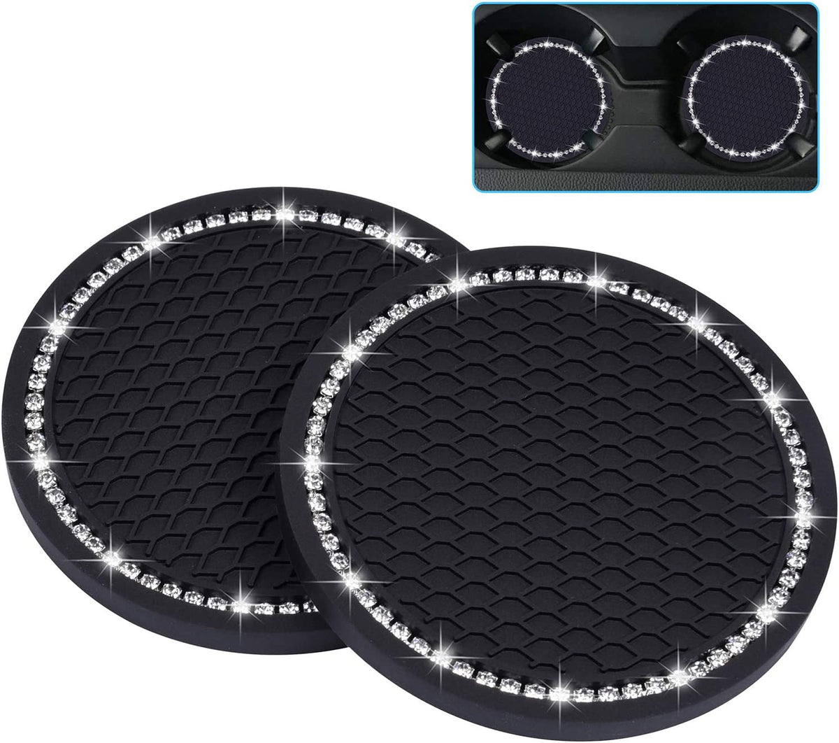 Bling Car Coasters,  2 Pack PVC Car Cup Holder Insert Coaster - anti Slip Universal Vehicle Interior Accessories Crystal Glitter Cup Mats for Women and Men(2.75" Diameter, Black)