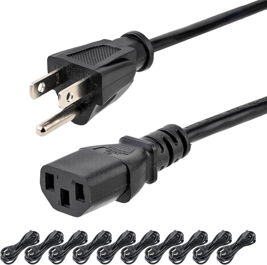 10Ft (3M) Computer Power Cord, NEMA 5-15P to C13, 10A 125V, 18AWG, 10 Pack, Black Replacement AC Power Cord, Printer Power Cord, Monitor/Pc Power Supply Cable - UL Listed (PXT1011010PK)