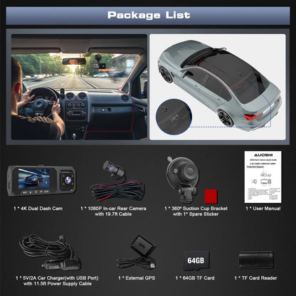 3 Channel Dash Cam Front and Rear, 4K/2.5K + 1080P Premium Car Camera for Cars with Wi-Fi GPS, Night Vision, 3.16" IPS Touchscreen, 24H Parking Mode, WDR, Type-C, 64GB SD Card Included