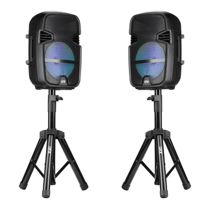 PBX-808TWS Dual 8-Inch Portable Bluetooth PA Speaker System with Stands, Wired Mics, Remotes, USB/FM/TWS/LED