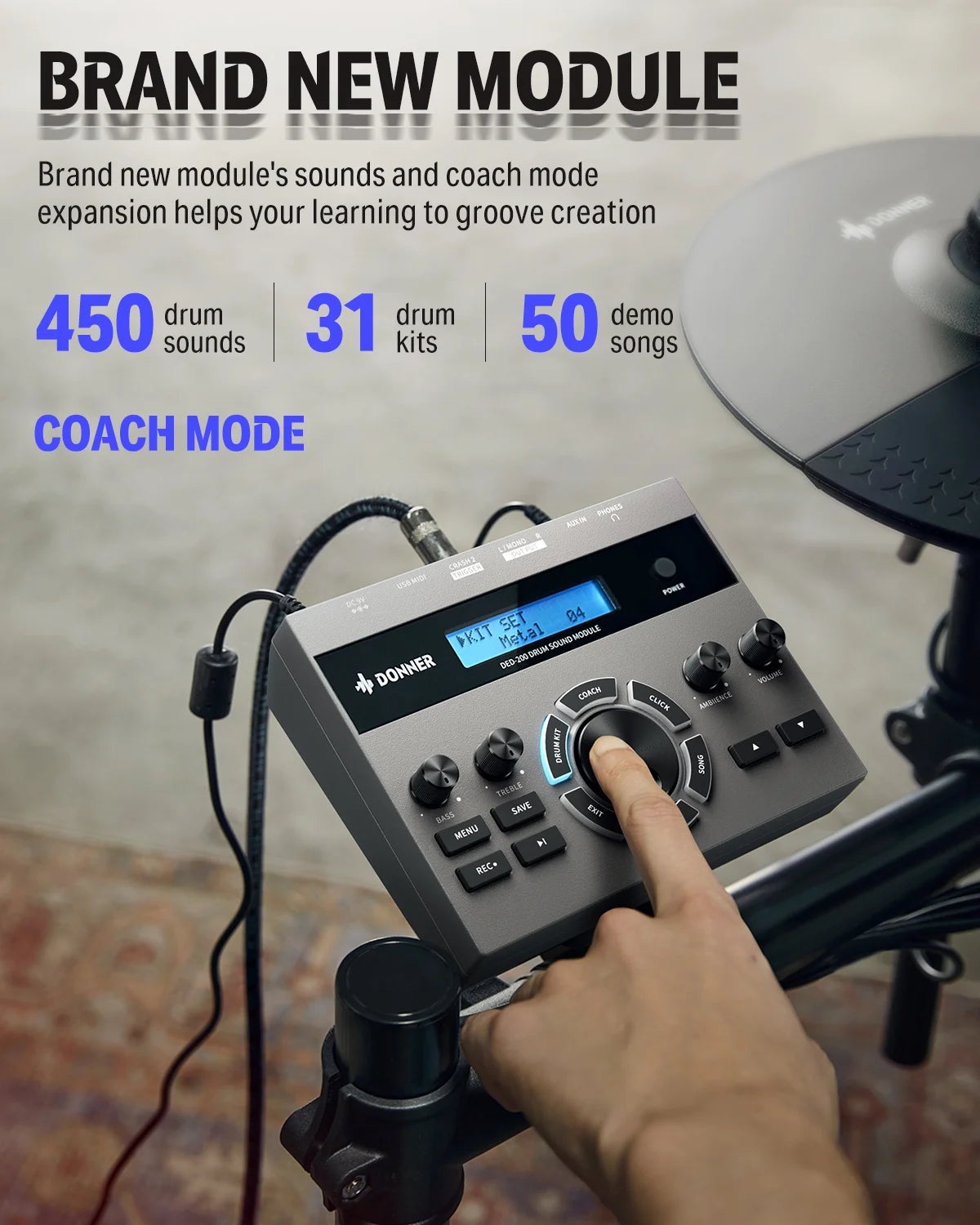 Adults Electronic Drum Set with Quiet Mesh Drum Pads, 31 Kits, 450+ Sounds, DED-200X, Gray